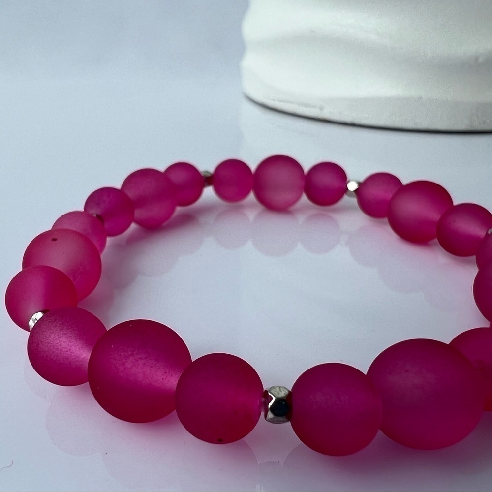 Stretch Beaded Bracelet Bright Pink 6.25” - Picture 5 of 12